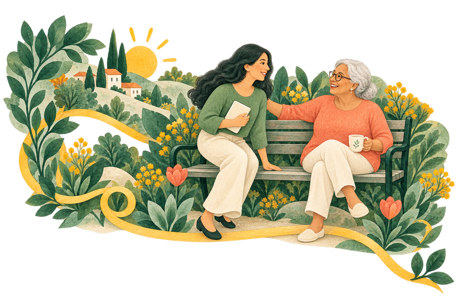 Two familiar friends reconnect on a garden bench.