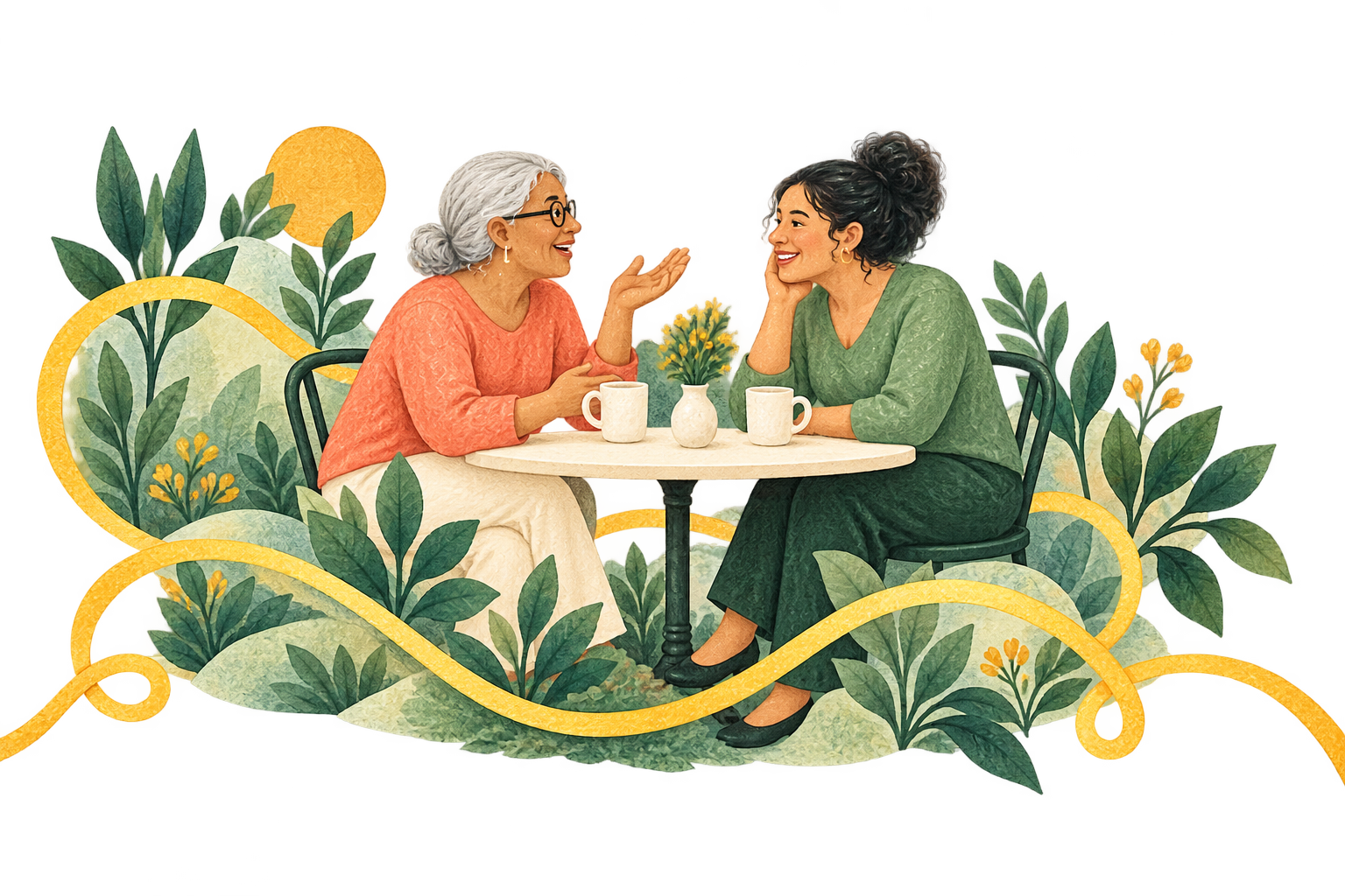 Two women listen and share a thoughtful conversation over coffee.