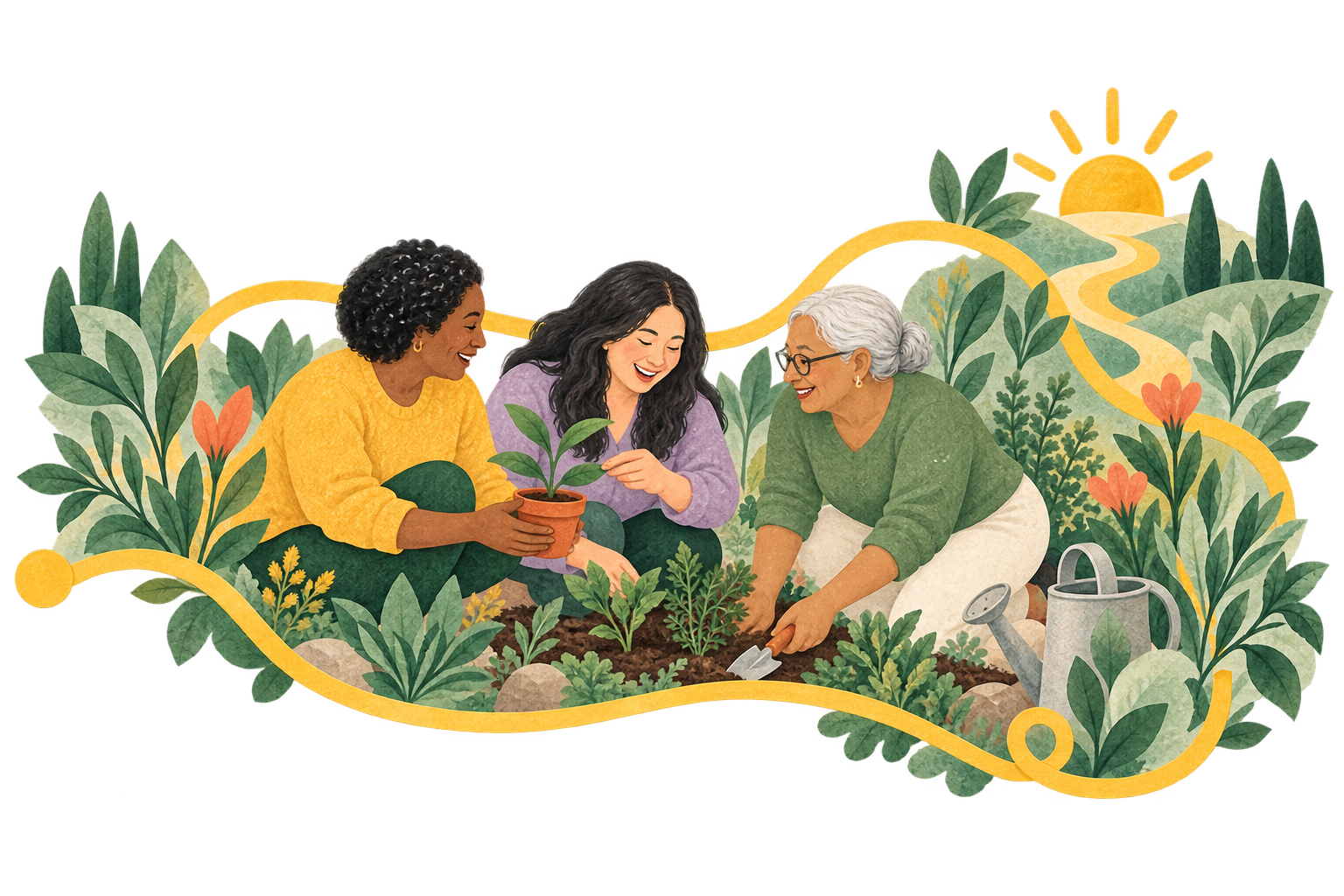 Three people participate together in a community garden.