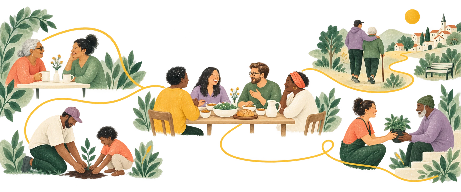 Friends sharing conversation, a meal, a walk, and mutual care across a connected community.
