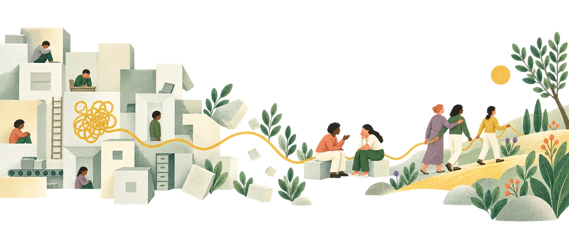 A rigid maze opening into a clear path where people meet, listen, and move forward together.